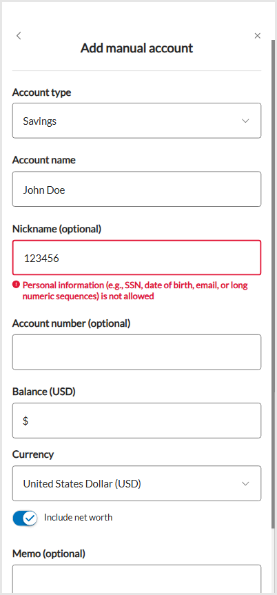 FastLink - Add manual account - inline error