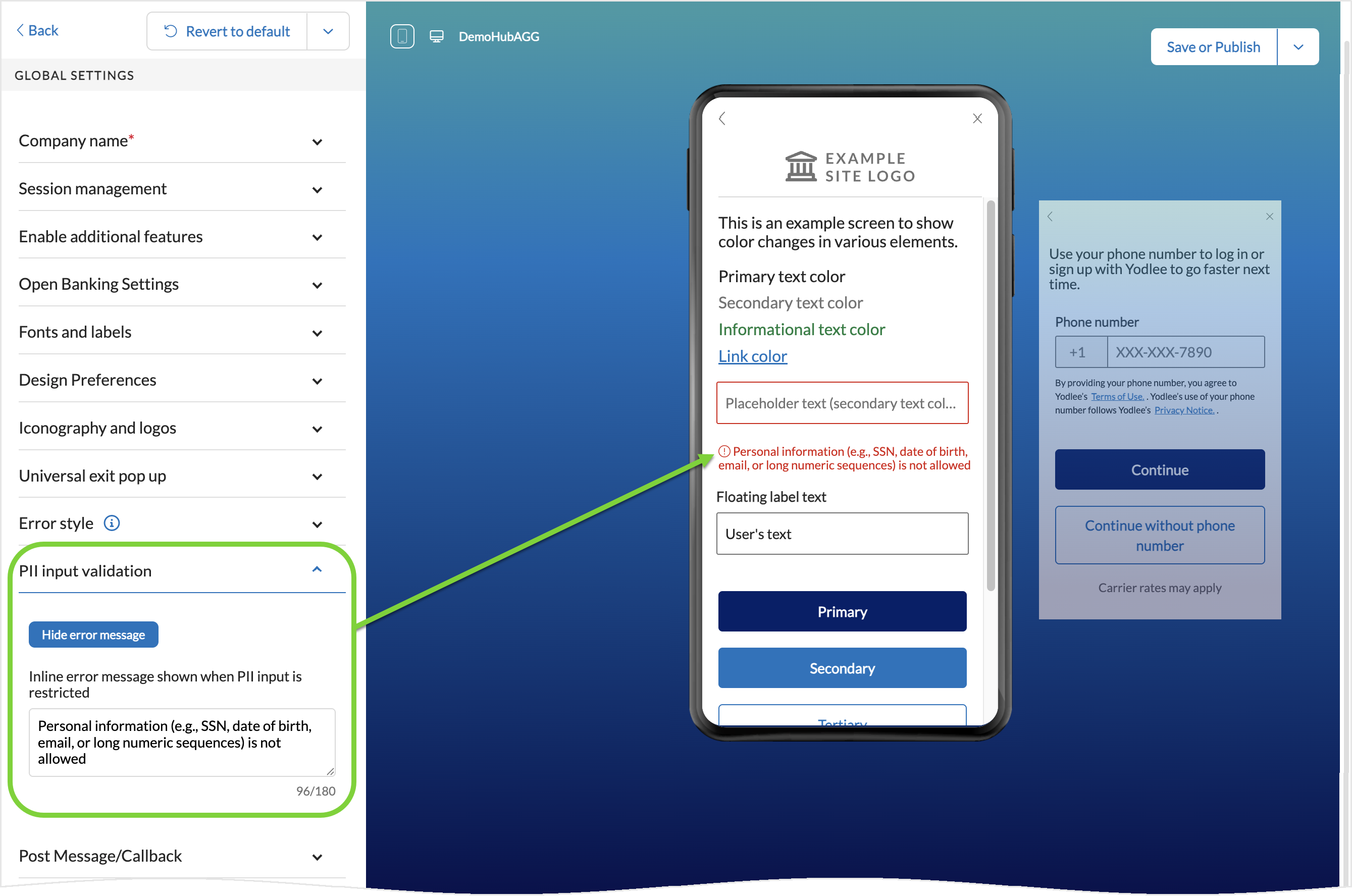 Configuration Tool - Global Settings - PII input validation section