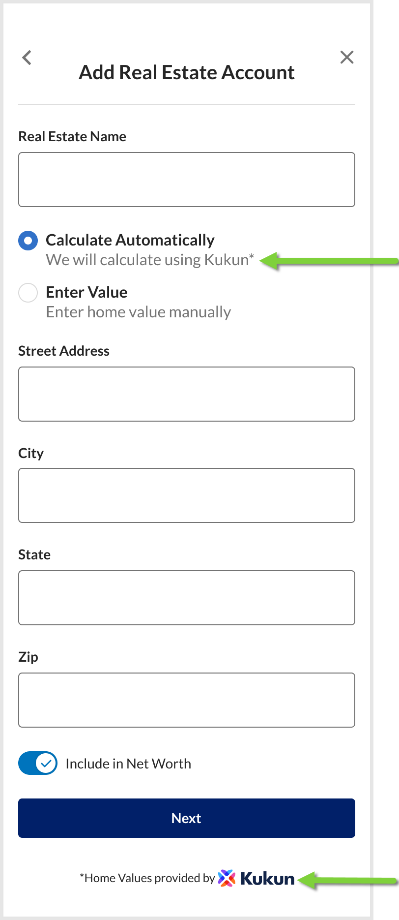 FastLink Add Real Estate Account screen - Enhanced