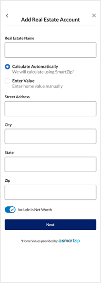 FastLink Add Real Estate Account screen - Existing