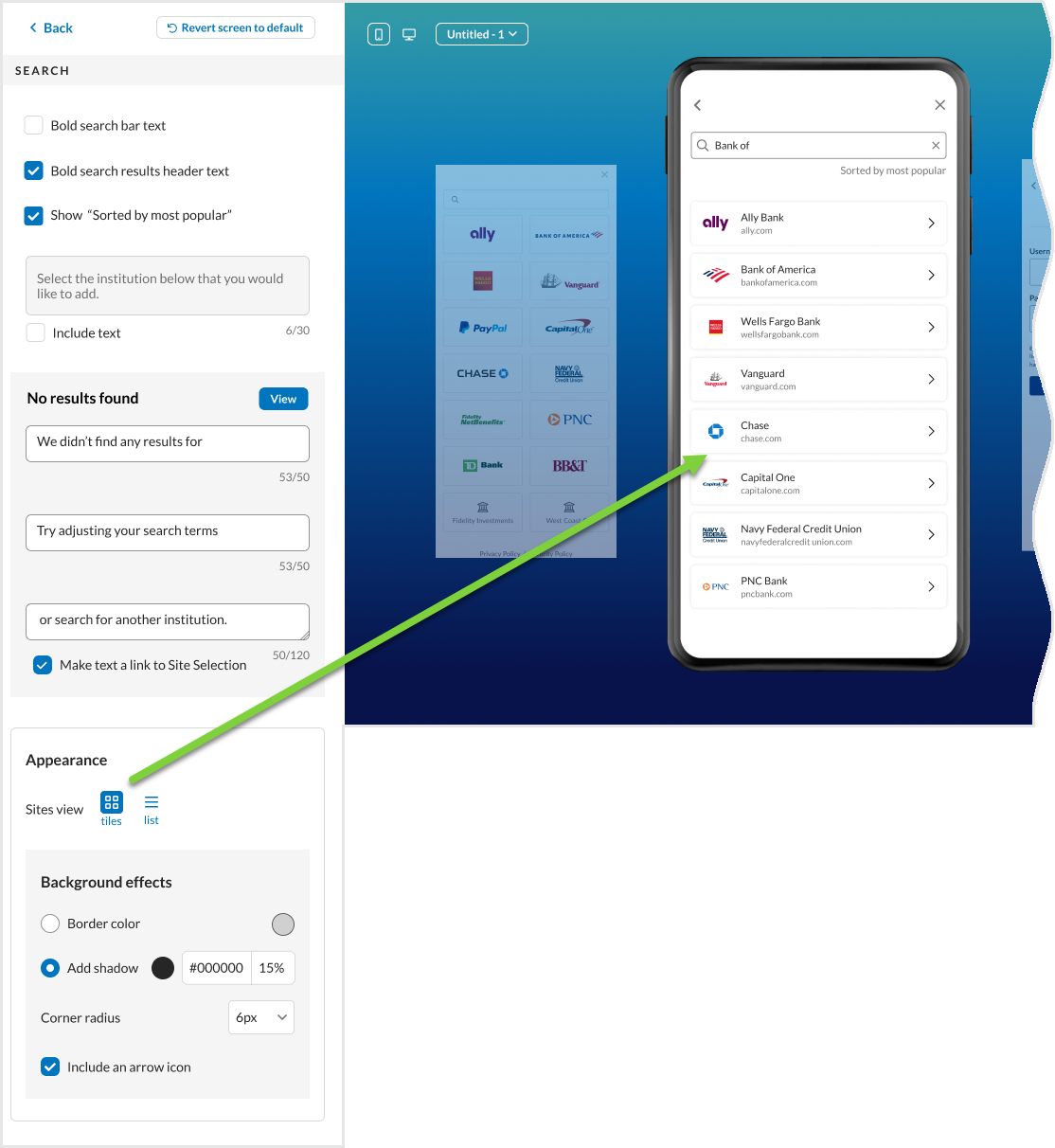 Configuration Tool - Main Flow – Search > Appearance section – Sites view