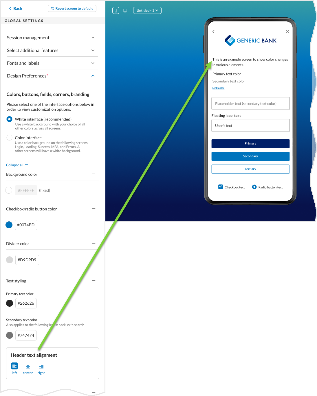 Configuration Tool - Global Settings > Design Preferences > Text styling section - Header text alignment