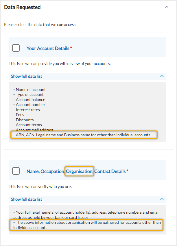 Enhanced Data Requested section